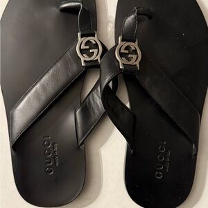 Gucci Black Leather Sandals with Silver Logo